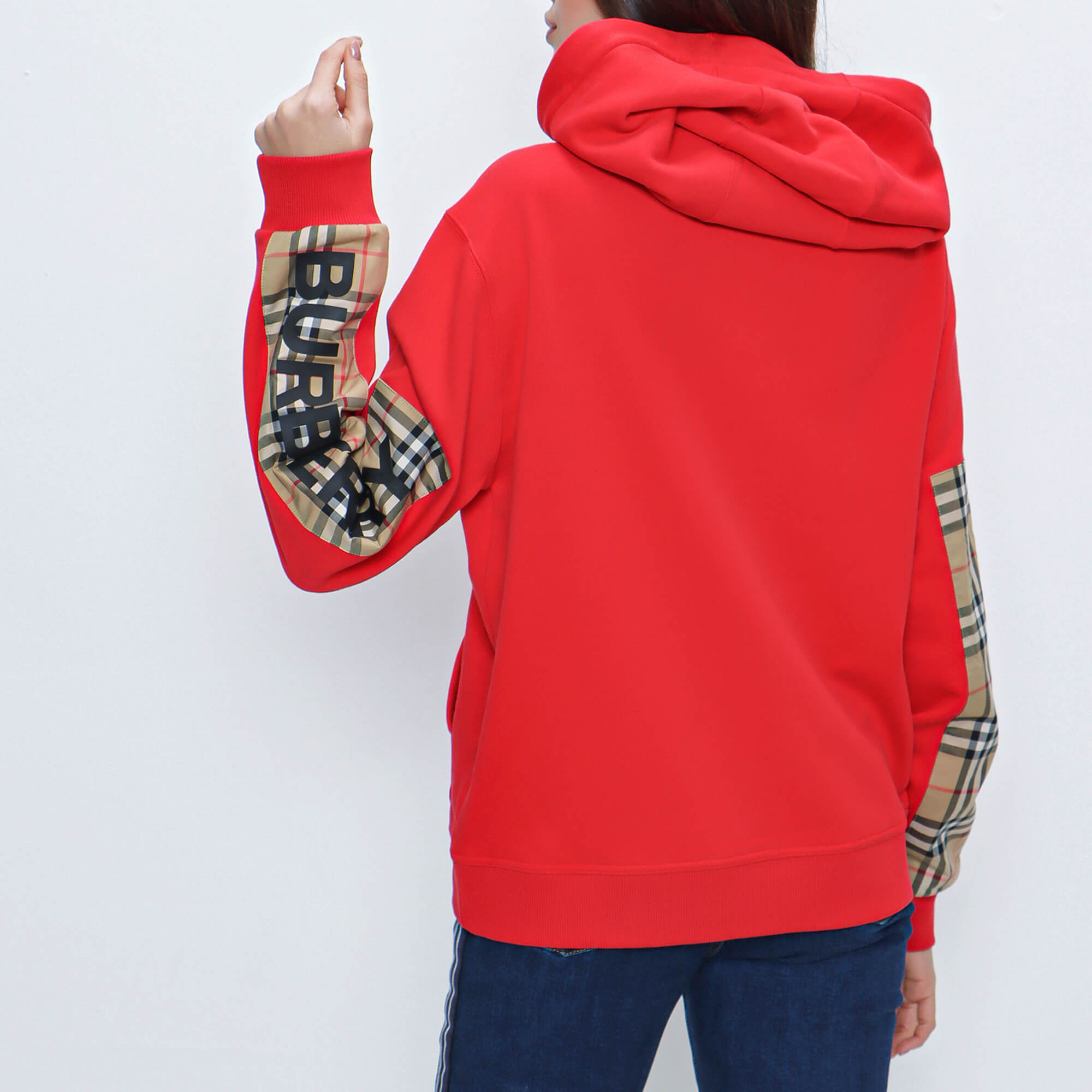 Burberry Red Aubree Logo Detail Check Zip Hoodie